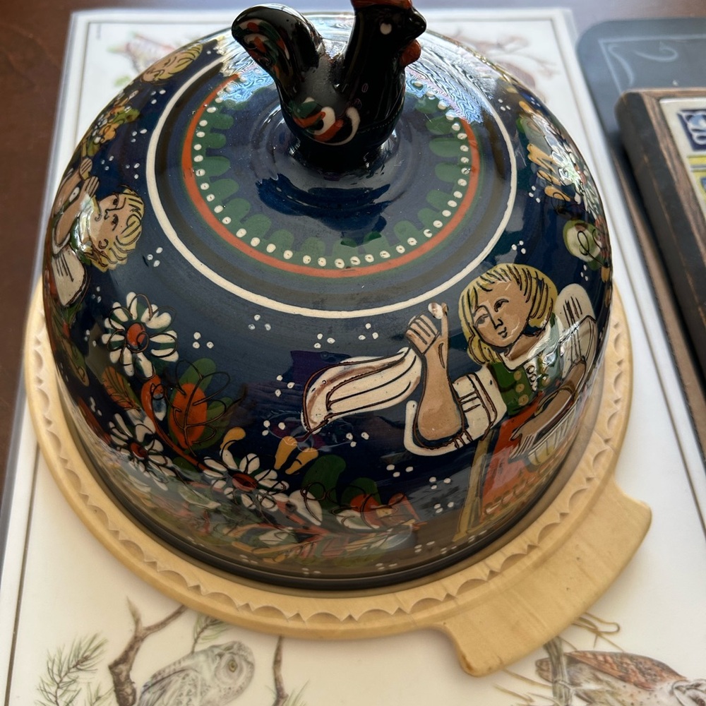 Hand Crafted Blue and Black Ceramic Folk art cheese dome 11”